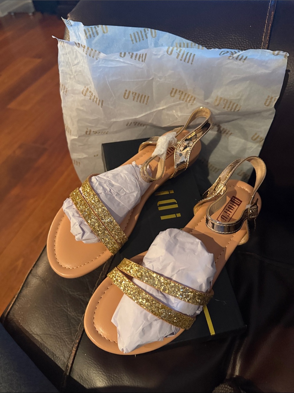 IDIFU Gold Glitter Flat Slingback Sandals
